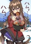  1girl admire_vega_(umamusume) animal_ears bangs black_pantyhose bowl brown_hair chopsticks clear_sky coat coat_lift commentary cowboy_shot day ear_covers eating food food_in_mouth forest fringe_trim highres holding holding_bowl holding_chopsticks horse_ears horse_girl horse_tail long_hair long_sleeves looking_at_viewer meat miniskirt mountainous_horizon mouth_hold nature noodles outdoors pantyhose pink_scarf plaid plaid_scarf pleated_skirt purple_eyes purple_skirt ramen red_coat scarf school_uniform single_ear_cover skirt sky snow solo standing steam sweat tail tracen_school_uniform translated umamusume wahiko_(black_bastard) wind wind_lift winter 