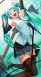  1girl absurdres aqua_background aqua_eyes aqua_hair aqua_necktie bangs black_skirt black_thighhighs boots collared_shirt commentary detached_sleeves esp_stream-miku-custom gradient_background guitar haido_(unisan) hatsune_miku hatsune_miku_(vocaloid4) high_heel_boots high_heels highres instrument koi_wa_sensou_(vocaloid) long_hair looking_at_viewer megaphone necktie open_mouth pleated_skirt shirt skirt solo teeth thigh_boots thighhighs twintails upper_teeth_only v4x vocaloid white_shirt 