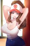  1girl absurdres alternate_breast_size arms_behind_head bare_arms baseball_cap blue_eyes blue_shorts blurry breasts brown_hair cleavage commentary curtains eyelashes hair_tie_in_mouth half-closed_eyes hat highres hilda_(pokemon) indoors large_breasts long_hair looking_down mouth_hold poke_ball_print pokemon pokemon_(game) pokemon_bw shirt shorts sidelocks sleeveless sleeveless_shirt solo weiic white_headwear white_shirt window 