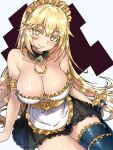  1girl absurdres alternate_costume apron arm_garter bare_shoulders blonde_hair blue_thighhighs borrowed_design breasts bridal_garter bright_pupils brown_eyes cleavage closed_mouth clothing_cutout collarbone colored_eyelashes cosplay detached_collar dress ebora english_commentary enmaided fate/grand_order fate_(series) gem gold_footwear head_tilt high_heels highres ishtar_(fate) ishtar_(fate)_(cosplay) large_breasts long_hair looking_at_viewer maid maid_apron maid_headdress navel navel_cutout shokuhou_misaki simple_background single_thighhigh sitting sleeveless sleeveless_dress smile solo sparkling_eyes star-shaped_pupils star_(symbol) strapless strapless_dress symbol-shaped_pupils thighhighs toaru_kagaku_no_mental_out toaru_kagaku_no_railgun toaru_majutsu_no_index two-tone_background very_long_hair waist_apron white_background yellow_pupils yokozuwari 