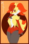  anthro big_breasts big_tail black_body black_fur border breasts canid canine clothed clothing delphox fan_character fox fur generation_6_pokemon hi_res intersex intersex/male mahi_(munchyartz) male mammal munchyartz nintendo orange_border partially_clothed pokemon pokemon_(species) red_body red_fur short_fur simple_background solo tail thick_thighs white_body white_fur yellow_body yellow_fur 