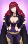  1girl :d absurdres belt black_cape breasts cape cleavage commentary covered_navel cowboy_shot facial_mark fire_emblem fire_emblem_engage hands_on_hips highres large_breasts long_hair looking_at_viewer open_mouth orange_eyes purple_background red_hair short_sleeves shou_illust smile solo standing star_(symbol) thighs yellow_belt yunaka_(fire_emblem) 