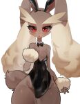  1girl animal_ears arm_at_side bare_shoulders black_bow black_bowtie black_hairband black_leotard blush body_fur bow bowtie breasts brown_fur brown_sclera cleavage collarbone colored_sclera commentary covered_navel cowboy_shot detached_collar fake_animal_ears forehead furry furry_female groin hairband hand_on_own_chest hand_up hip_focus leotard looking_at_viewer lopunny open_mouth playboy_bunny pokemon pokemon_(creature) rabbit_ears rabbit_girl rabbit_tail red_eyes simple_background small_breasts solo standing strapless strapless_leotard tail thick_thighs thighs traditional_bowtie two-tone_fur utta white_background wide_hips yellow_fur 