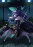  ahoge blue_eyes blue_hair covered_mouth dress fighting_stance floating_clothes full_moon hairband holding holding_sword holding_weapon huge_ahoge long_hair looking_at_viewer moon night online_neet orie_(under_night_in-birth) rapier sword thighhighs under_night_in-birth very_long_hair weapon 