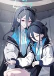  &lt;key&gt;_(blue_archive) 2girls absurdly_long_hair absurdres aris_(blue_archive) bangs black_hair blue_archive collared_shirt commentary crying crying_with_eyes_open hair_between_eyes hair_ornament hairband halo highres holding_hands hood hooded_jacket jacket ka_keo long_hair long_sleeves looking_at_another multiple_girls necktie one_side_up pleated_skirt purple_eyes school_uniform shirt siblings sidelocks sitting skirt streaming_tears tears twins unconscious very_long_hair zipper 