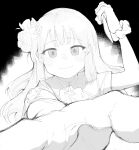  1girl absurdres blue_archive blush bow bowtie capelet closed_mouth flower greyscale hair_bun hair_flower hair_ornament highres holding holding_knife knife long_hair looking_at_viewer mika_(blue_archive) monochrome reaching_towards_viewer scrunchie single_side_bun sketch smile soda_(sod4) solo wrist_scrunchie 