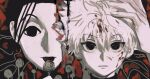  2boys black_eyes black_hair blood blood_in_hair blood_on_face brothers closed_mouth commentary_request hand_on_another&#039;s_head hunter_x_hunter illumi_zoldyck killua_zoldyck long_hair looking_at_viewer male_focus multiple_boys shenshan_laolin short_hair siblings tongue tongue_out white_hair 
