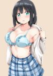  1girl bare_shoulders black_hair blue_bra blush bra breasts cleavage gigantic_breasts green_eyes highres kanosawa large_breasts lingerie long_hair long_sleeves looking_at_viewer open_clothes open_shirt simple_background solo tougou_mimori underwear yuuki_yuuna_wa_yuusha_de_aru yuusha_de_aru 