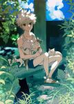  1boy animal bare_arms bare_shoulders black_cat blue_eyes blue_shorts blue_sky cat closed_mouth cloud collarbone day highres holding holding_animal holding_cat hunter_x_hunter killua_zoldyck leaf male_focus nature outdoors plant shenshan_laolin short_hair shorts sitting sky sleeveless smile tank_top white_cat white_hair white_tank_top 