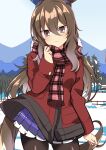  1girl admire_vega_(umamusume) animal_ears bangs black_pantyhose brown_hair clear_sky closed_mouth coat coat_lift commentary cowboy_shot day ear_covers forest fringe_trim highres horse_ears horse_girl horse_tail light_frown long_hair long_sleeves looking_at_viewer miniskirt mountainous_horizon nature outdoors pantyhose pink_scarf plaid plaid_scarf pleated_skirt purple_eyes purple_skirt red_coat scarf school_uniform single_ear_cover skirt sky snow solo standing tail tracen_school_uniform umamusume wahiko_(black_bastard) wind wind_lift winter 
