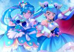  2girls absurdres ahoge apron aqua_eyes bangs blue_eyes blue_hair brooch closed_mouth color_connection commentary cure_sky cure_spicy delicious_party_precure detached_sleeves elbow_gloves fingerless_gloves fuwa_kokone gloves gradient_hair hand_on_hip heart_brooch highres hirogaru_sky!_precure huge_bow jewelry long_hair looking_at_viewer looking_to_the_side magical_girl mitsuki_tayura multicolored_hair multiple_girls precure puffy_detached_sleeves puffy_sleeves single_sidelock smile sora_harewataru standing white_gloves wing_hair_ornament 
