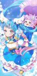  2girls above_clouds absurdres ahoge aqua_eyes armband baby blue_dress blue_eyes blue_hair blue_skirt blurry blurry_foreground blush bow brooch cape cloud cloudy_sky commentary cure_sky cut_bangs depth_of_field detached_sleeves dress earrings ellee-chan fingerless_gloves flying frilled_dress frills gloves grin highres hirogaru_sky!_precure holding holding_wand jewelry leg_up magical_girl multiple_girls pink_bow precure puffy_detached_sleeves puffy_sleeves purple_hair short_bangs short_dress shuu_(mniarnoakou) single_earring single_sidelock skirt sky sky_mirage sleeveless sleeveless_dress smile sora_harewataru thighhighs twintails twitter_username two-sided_cape two-sided_fabric two_side_up wand white_gloves white_thighhighs wing_brooch wing_hair_ornament 