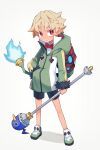  1boy absurdres artist_name black_shorts blonde_hair blue_fire bow bowtie disgaea emizel_(disgaea) fire green_footwear green_hoodie hand_in_pocket highres himawari_(kawaisounaedesu) holding holding_staff hood hood_down hoodie makai_senki_disgaea_4 male_child male_focus pointy_ears prinny red_bow red_bowtie red_eyes shorts smile solo staff white_background 