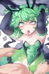  1boy 1girl ahegao animal_ears black_gloves breasts clothed_sex clothing_aside covered_navel cowgirl_position cum cum_in_pussy curly_hair elbow_gloves fake_animal_ears floating_rock girl_on_top gloves green_eyes green_hair green_leotard green_pantyhose hetero highres hot_vr leotard leotard_aside medium_hair one-punch_man open_mouth overflow pantyhose playboy_bunny rabbit_ears rolling_eyes sex small_breasts solo_focus straddling tatsumaki teeth tongue tongue_out torn_clothes torn_pantyhose upper_teeth_only wrist_cuffs 