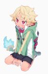  1boy absurdres artist_name black_shorts blonde_hair blue_fire bow bowtie disgaea emizel_(disgaea) fang fire green_footwear green_hoodie highres himawari_(kawaisounaedesu) hood hoodie makai_senki_disgaea_4 male_child male_focus open_mouth pointy_ears red_bow red_bowtie red_eyes shoes shorts solo 