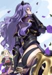  1girl armor ass ass_focus black_armor black_panties blonde_hair boots breasts camilla_(fire_emblem) elise_(fire_emblem) fire_emblem fire_emblem_fates hair_over_one_eye highres long_hair monoi_daru multicolored_hair panties purple_eyes purple_hair siblings smile thigh_boots tiara twintails underwear very_long_hair wavy_hair 