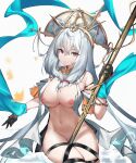  18301639225 1girl absurdres arknights between_thighs black_gloves breasts gloves grey_hair hair_between_breasts hair_between_eyes highres holding holding_staff large_breasts long_hair looking_at_viewer navel nipples parted_lips phoenix_crown red_eyes skadi_(arknights) skadi_the_corrupting_heart_(arknights) skadi_the_corrupting_heart_(sublimation)_(arknights) skindentation solo staff teeth very_long_hair 