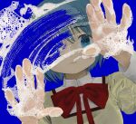  1girl absurdres against_fourth_wall bangs blue_background blue_eyes blue_hair bow bowtie collared_shirt dissolving dutch_angle expressionless hand_on_glass hands_up highres juliet_sleeves light_frown long_sleeves looking_at_viewer mahou_shoujo_madoka_magica mihifu miki_sayaka mitakihara_school_uniform one_eye_covered pale_skin puffy_sleeves red_bow red_bowtie school_uniform shirt short_hair simple_background soap_bubbles solo wiping yellow_shirt 