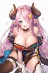  1girl bare_shoulders blue_eyes blush braid breasts cleavage draph granblue_fantasy hair_ornament hair_over_one_eye heart highres horns large_breasts light_purple_hair long_hair looking_at_viewer narmaya_(granblue_fantasy) open_mouth pointy_ears simple_background sitting smile solo wariza white_background yuntae 