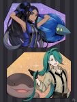  2girls :d alternate_hairstyle black_hair black_necktie black_pants blue_eyes blue_gloves blue_shirt breasts clodsire closed_mouth collared_shirt commentary_request dark-skinned_female dark_skin earrings geeta_(pokemon) glimmora gloves green_hair highres jewelry long_hair min_(myna8247) multiple_girls neck_ribbon necktie no_jacket open_mouth pants pokemon pokemon_(creature) pokemon_(game) pokemon_sv ponytail ribbon rika_(pokemon) shirt sleeveless sleeveless_shirt smile suspenders teeth upper_teeth_only yellow_pupils yellow_ribbon 