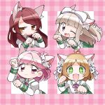  +_+ 4girls :d absurdres animal_ears bangs blonde_hair blush bow bowtie brown_hair cat_ears d4dj green_eyes hair_bow hair_ornament hairclip highres kasuga_haruna katanagi1129 long_hair looking_at_viewer multiple_girls one_eye_closed open_mouth pink_eyes pink_hair ribbon sakurada_miyu shiratori_kurumi_(d4dj) short_hair smile takeshita_miiko yellow_eyes 