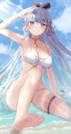  1girl absurdres arm_up armpits bangs bare_arms bare_legs barefoot bikini black_bow blue_eyes blue_sky blunt_bangs bow breasts choker cleavage cloud collarbone day floating_hair genshin_impact grey_hair grin groin hair_bow hair_ribbon high_ponytail highres kamisato_ayaka long_hair looking_at_viewer medium_breasts mole mole_under_eye nibosi outdoors red_ribbon ribbon sitting skindentation sky smile soles solo sunlight swimsuit thigh_strap very_long_hair white_bikini yellow_choker 