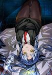  1girl angela_(project_moon) arms_up black_skirt black_suit blood blood_splatter blue_hair coat expressionless formal hair_spread_out highres lobotomy_corporation looking_at_viewer mu46016419 necktie on_floor pantyhose parted_lips project_moon red_necktie skirt solo suit upside-down white_coat yellow_eyes 