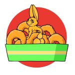  1:1 anthro fast_food female food food_creature lagomorph leporid looking_back mammal nervous_smile onion_rings rabbit robcivecat simple_background solo stuck 