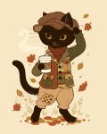  4:5 anthro autumn beverage biped black_body black_fur clothed clothing coffee_cup container cup domestic_cat felid feline felis fur holding_beverage holding_object leaf male mammal samantha_whitten solo tail whiskers 