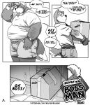  2021 absurd_res age_difference anthro baseball_cap belly big_belly boss boss_and_employee bossman_(kamudragon) bottomwear box canid canine canis clock clothed clothing comic container dialogue domestic_dog duo employee_(kamudragon) english_text erection erection_under_clothing facial_hair fully_clothed hat headgear headwear hi_res holding_box holding_container holding_object kamudragon male mammal mature_male monochrome multiple_scenes overweight overweight_anthro overweight_male shorts side_view speech_bubble standing tail text text_on_box watch wolf working wristwatch 