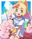  1girl bangs berry_(pokemon) blonde_hair blue_sky blunt_bangs clefairy cloud dress eating fang green_eyes hand_on_own_forehead hand_on_own_thigh highres hiisu_(s-1104-d) leppa_berry lillie_(pokemon) open_mouth outdoors palm_tree pokemon pokemon_(game) pokemon_sm ponytail sailor_collar short_sleeves sitrus_berry sitting_on_bench skirt sky stuffed_toy sweatdrop tree white_dress white_skirt 