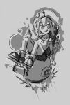  1girl :d absurdres aircraft amano_pikamee black_hairband black_shorts commentary falkpaints grey_background greyscale hair_between_eyes hairband helmet highres kettle knees_up looking_at_viewer monochrome shirt short_hair shorts sitting sketch smile solo spacecraft virtual_youtuber voms white_shirt 