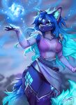 2023 5_fingers anthro blue_body blue_eyes blue_fur blue_hair breasts claws clothed clothing cosmic_hair day detailed_background digital_media_(artwork) dragonfu dress ethereal_hair eyebrows eyelashes female fingers fur hair hi_res outside sky smile 