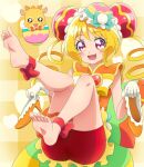  1girl back_bow bangs barefoot bike_shorts blonde_hair bow bowtie brooch bun_cover chinese_clothes commentary_request cure_yum-yum delicious_party_precure double_bun dress floating gloves green_bow hair_bun hanamichi_ran heart_brooch high_heels highres holding holding_shoes huge_bow jewelry leg_ribbon leg_up looking_at_viewer magical_girl mameshiba mem-mem_(precure) open_mouth orange_dress precure red_eyes red_shorts ribbon shoes shoes_removed short_dress short_hair shorts sleeveless sleeveless_dress smile soles solo white_gloves yellow_bow yellow_bowtie yellow_footwear 