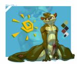  abstract_background anthro blue_background bodily_fluids color_swatch erection genital_fluids hand_on_balls hi_res male mammal mustelid olts_(pthalo) otter precum pthalo_(artist) simple_background solo sun tail thick_thighs 