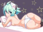  1girl ahoge ass azure_striker_gunvolt back bangs bed black_thighhighs blue_eyes breasts closed_mouth commentary cougar_(cougar1404) crotch_seam green_hair headgear looking_at_viewer looking_back lying medium_breasts object_hug on_bed on_side panties pillow pillow_hug roro_(gunvolt) short_hair smile solo star_(symbol) thighhighs topless underwear underwear_only white_headwear white_panties 
