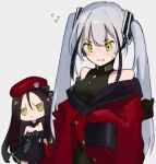  2girls bare_shoulders beret black_dress blush brown_hair chesed_(uporyz) chibi commentary_request destroyer_(girls&#039;_frontline) dreamer_(girls&#039;_frontline) dress embarrassed girls&#039;_frontline green_eyes grey_background grey_hair griffin_&amp;_kryuger_military_uniform hat highres jacket looking_down multiple_girls off_shoulder red_headwear red_jacket sangvis_ferri simple_background sleeves_past_wrists sweat twintails 
