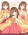  3girls :d :o absurdres bangs blush brown_hair closed_mouth english_text hair_between_eyes hakama hakama_skirt highres hinamatsuri holding japanese_clothes kimono long_hair long_sleeves multiple_girls non_(wednesday-classic) open_clothes original parted_lips purple_eyes red_hakama skirt smile very_long_hair white_kimono wide_sleeves 