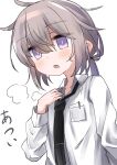 1girl absurdres black_necktie blush collared_shirt commentary_request girls&#039;_frontline grey_hair hair_between_eyes highres hot long_sleeves m200_(girls&#039;_frontline) messy_hair necktie open_mouth pony purple_eyes rotroto shirt simple_background solo sweat translation_request upper_body white_background white_shirt 