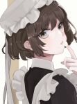  1girl brown_hair collared_shirt commentary_request cream cream_on_face food food_on_face frills green_eyes hat highres looking_at_viewer looking_to_the_side maid mob_cap mole mole_under_eye original parted_lips sh_(sh1030f) shirt short_hair solo 