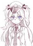  1girl blue_eyes character_name collared_shirt expressionless girls&#039;_frontline hair_between_eyes hat highres jacket kuroketto monochrome necktie police_hat shirt simple_background sketch solo spot_color super-shorty_(girls&#039;_frontline) upper_body vest 