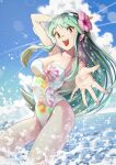  1girl :d arakan arm_behind_head arm_up blue_sky breasts cleavage cloud commentary_request day floral_print flower green_hair hair_flower hair_ornament highres horizon large_breasts lens_flare long_hair looking_at_viewer lum ocean one-piece_swimsuit open_hand outdoors outstretched_arm pointy_ears reaching_towards_viewer sky smile solo splashing standing swimsuit teeth upper_teeth_only urusei_yatsura wading water white_one-piece_swimsuit yellow_eyes 