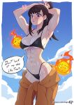  1girl abs adjusting_hair armpits arms_up bikini bikini_tan black_bikini black_hair blue_sky breasts closed_mouth cloud collarbone commentary day en&#039;en_no_shouboutai english_commentary english_text fireball high_ponytail kajin_(kajinman) large_breasts light_frown long_hair looking_at_viewer maki_oze muscle_conscious navel o-ring o-ring_bikini o-ring_top outdoors patreon_username sky sparkle standing strap_gap sweat swimsuit tan tanlines thighs underboob web_address 