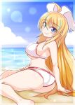  1girl ahoge ass bangs barefoot beach big_hair bikini blaster_master_zero blonde_hair blue_eyes blue_sky blurry blurry_background bokeh breasts butt_crack cloud cloudy_sky commentary cougar_(cougar1404) day depth_of_field english_commentary eve_(blaster_master_zero) from_side green_eyes hair_ribbon heterochromia horizon long_hair looking_at_viewer medium_breasts mixed-language_commentary ocean outdoors ribbon sitting skindentation sky smile solo swimsuit white_bikini white_ribbon 