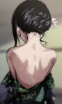 1girl asuzemusex back back_focus bare_back bare_shoulders black_hair blurry chinese_commentary flower from_behind hair_flower hair_ornament idolmaster idolmaster_shiny_colors indoors japanese_clothes kimono kimono_pull morino_rinze nape shoulder_blades single_sidelock solo tatami 