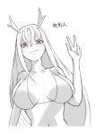 1girl bikini blush breasts commentary executioner_(girls&#039;_frontline) girls&#039;_frontline grin hair_between_eyes headgear highres kuroketto large_breasts long_hair looking_at_viewer monochrome navel red_eyes sangvis_ferri sketch smile solo spot_color swimsuit w 