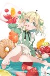  1girl absurdres amano_pikamee barefoot blonde_hair bow dessert double_bun doughnut food fruit green_bow green_hair hair_bow hair_bun hair_ornament hairband highres kiwi_(fruit) looking_at_viewer medium_hair multicolored_hair open_mouth orange_(fruit) ryo_(ryo_skrdi) sharp_teeth solo strawberry streaked_hair teeth upper_teeth_only virtual_youtuber voms 