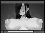  1girl :d absurdres blush breasts buck_teeth earrings greyscale hair_over_one_eye highres jewelry koma_neko long_hair looking_at_viewer mole mole_on_breast mole_under_mouth monochrome nipples nude original puffy_nipples smile solo teeth 