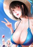  1boy 2girls admiral_(kancolle) atago_(kancolle) ball beach beachball bikini black_hair blue_bikini breasts cleavage commentary day ggli_(yuine_wantan) halterneck hat highres kantai_collection large_breasts lips little_boy_admiral_(kancolle) looking_at_viewer multiple_girls nose open_mouth outdoors red_eyes short_hair sky straw_hat swimsuit takao_(kancolle) v 