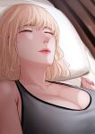  1girl blonde_hair breasts cleavage closed_eyes ggli_(yuine_wantan) highres large_breasts lips lying mole mole_under_eye nose original pillow short_hair sleeping solo tank_top upper_body 